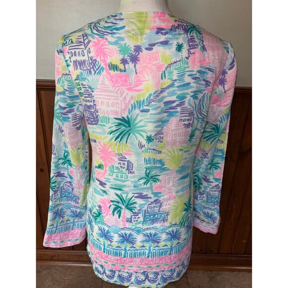 Womens Lilly Pulitzer Ocean Cove 100% Linen Tunic Blouse Top Blue Pink Size XS - Picture 6 of 13